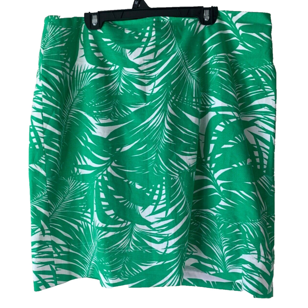 Talbots Palm Tree Leaf Green And White Tropical Print A-Line Skirt Plus Size 18